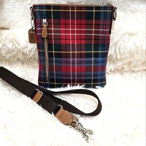 Coach EUC Vintage 90s Red Coach Plaid Flat Crossbody Bag With Leather Trim